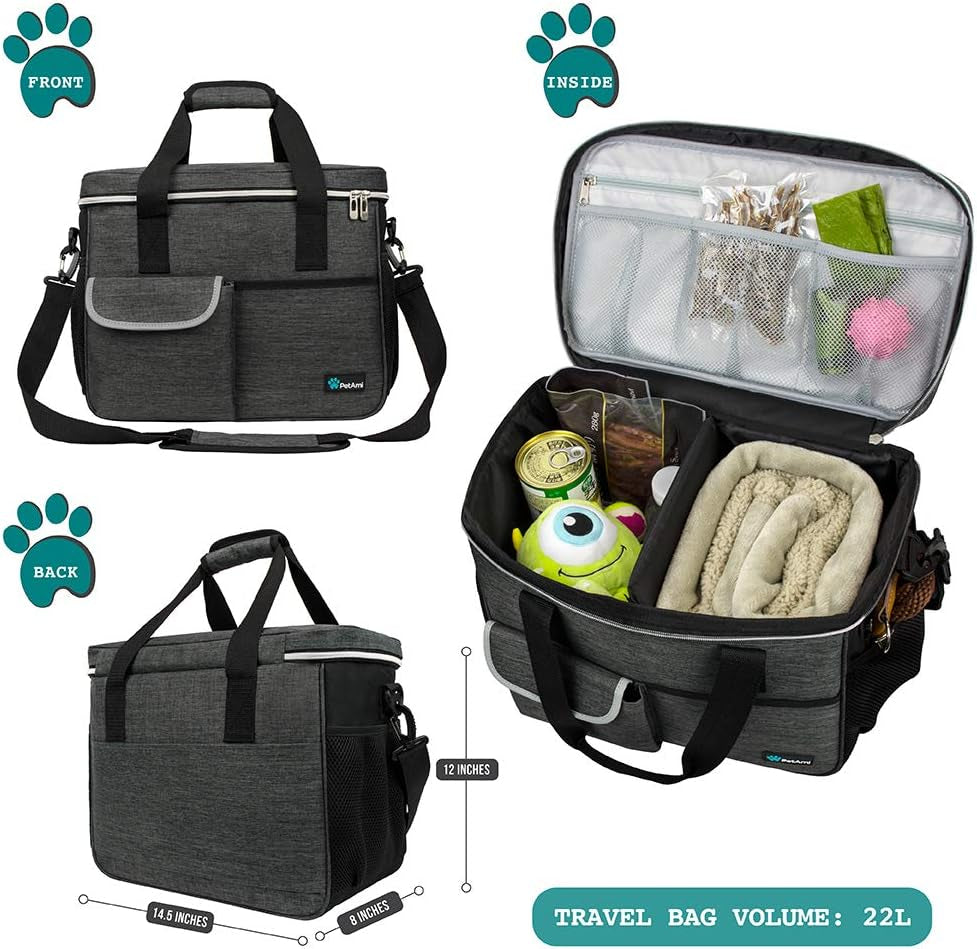 Dog Travel Organizer Kit – Pet Travel Bag with Food Containers & Collapsible Bowls