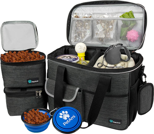 Dog Travel Organizer Kit – Pet Travel Bag with Food Containers & Collapsible Bowls