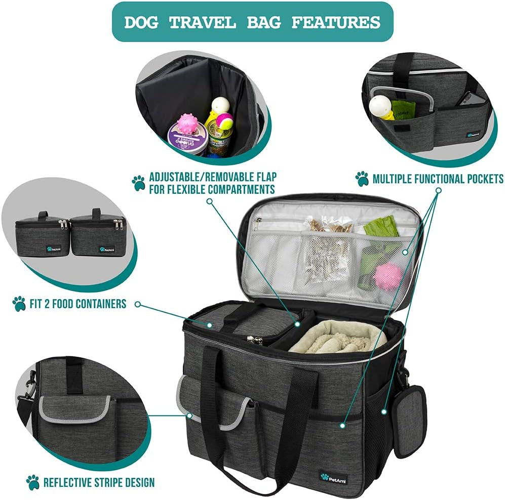 Dog Travel Organizer Kit – Pet Travel Bag with Food Containers & Collapsible Bowls