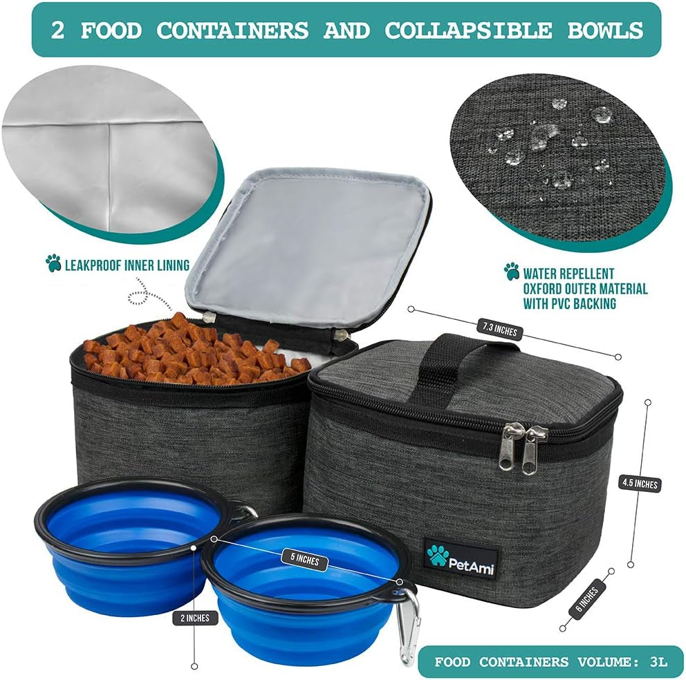 Dog Travel Organizer Kit – Pet Travel Bag with Food Containers & Collapsible Bowls